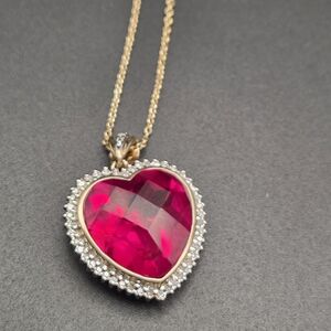 S/S Goldtone Heart Pendant Necklace with Red Gemstone.